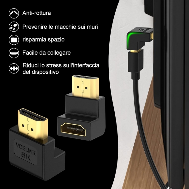 Adattatore HDMI 90 Gradi e 270 Gradi 8K, Connettore HDMI Angolo Retto Placcato Oro per Switch, HDTV, Laptop, PS4 Xbox, HDMI Maschio Femmina, 2 Pezzi