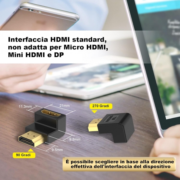 Adattatore HDMI 90 Gradi e 270 Gradi 8K, Connettore HDMI Angolo Retto Placcato Oro per Switch, HDTV, Laptop, PS4 Xbox, HDMI Maschio Femmina, 2 Pezzi