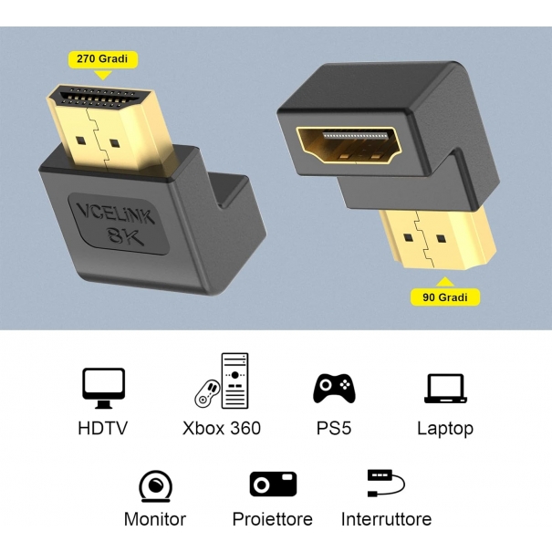 Adattatore HDMI 90 Gradi e 270 Gradi 8K, Connettore HDMI Angolo Retto Placcato Oro per Switch, HDTV, Laptop, PS4 Xbox, HDMI Maschio Femmina, 2 Pezzi