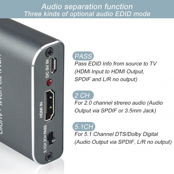 Convertitore Estrattore Audio,HDMI Audio Extractor 4K@60Hz da HDMI a HDMI + Audio (SPDIF + RCA Stereo+3.5mm) [Ozvavzk]