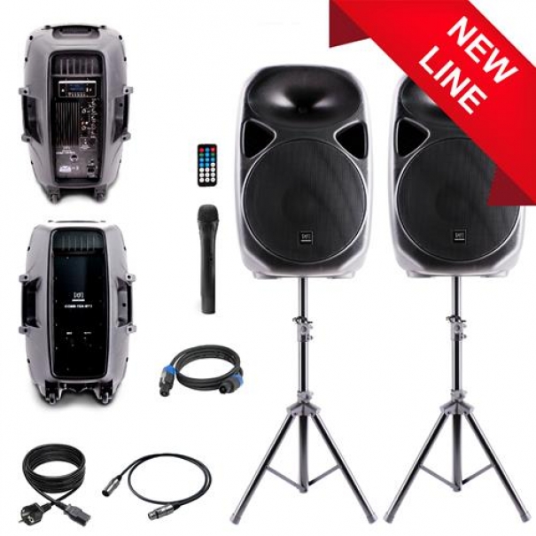 Kit Attivo Coppia Diffusori 500 W 2x (LF 15" + HF 1") con Display LCD, Microfono, Player Mp3 (USB/SD), Radio FM e Telecomando